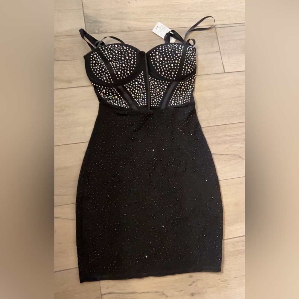 Midnight Sparkle Rhinestone Sheer Mini Dress